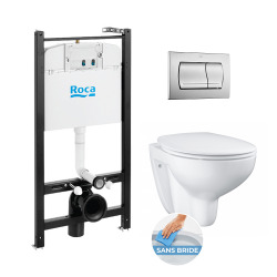 Pack Bâti-support ROCA ACTIVE + WC Grohe Bau Ceramic sans bride + abattant softclose + plaque chrome mat (RocaActiveBau-2)