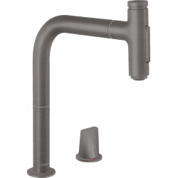 Hansgrohe Metris Select M71 Mitigeur de cuisine 2 trous 200, avec douchette extractible 2 jets, sBox, Noir Chromé brossé 73818340