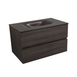 Verona Set Meuble suspendu bois foncé avec 2 tiroirs fermeture lente + Vasque marbre coulé noir (Verona66NF)