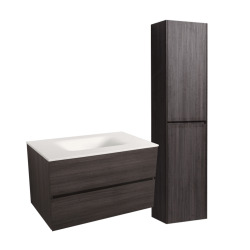 Set Meuble 66cm suspendu bois foncé avec 2 tiroirs + Vasque marbre coulé blanc mat + Armoire (Verona66BFF)