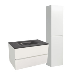 Set Meuble 66cm suspendu blanc mat avec 2 tiroirs + Vasque marbre coulé noir + Armoire (Verona66NBB)