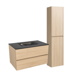 Set Meuble 86cm suspendu bois clair avec 2 tiroirs + Vasque marbre coulé blanc mat + Armoire (Verona86NCC)