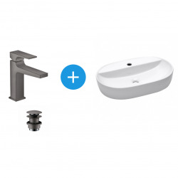 Set Vasque Infinitio à poser blanche + Mitigeur de lavabo 110 Hansgrohe Metropol avec bonde noir chromé brossé  (SATINF6040-SET)