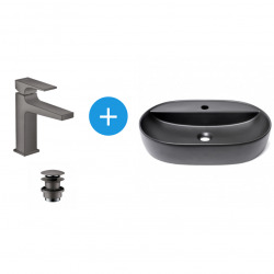 Set Vasque Infinitio à poser noire mat + Mitigeur de lavabo 110 Hansgrohe avec bonde noir chromé brossé (SATINF6040BKM-SET)