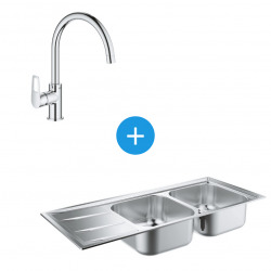 Kit Evier cuisine K400 à encastrer 1160x500mm Acier inoxydable + Mitigeur Bauloop Col de cygne, Chrome (31587SD0-SET1)