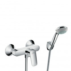 Set de douche Mitigeur Logis + Douchette à main 1 jet + Flexible + Support mural, Chrome (71600000-PORTER)