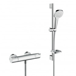 Set de douche Mitigeur thermostatique + Douchette Vario 3 jets, avec porte-savon, barre de douche 65cm, Chrome (13211000-Select)