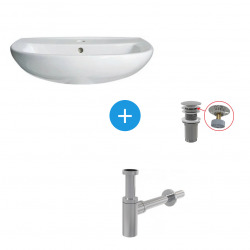 Ensemble lavabo suspendu en porcelaine vitrifiée 60x46cm avec trop plein + Bonde clic-clac + Siphon de lavabo (P133501-SET)