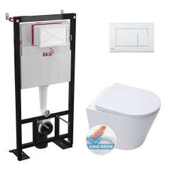 Pack WC Bâti-support autoportant + Cuvette sans bride + Abattant frein de chute + Plaque Blanche (AlcaInfinitioMat-M270)