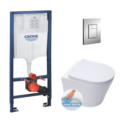 Pack WC Bâti-support + Cuvette sans bride + Abattant frein de chute + Plaque Chrome (GROHE-InfinitioMat-1)