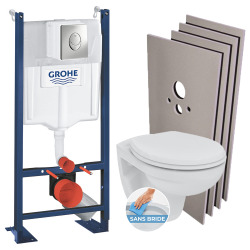 Pack WC Bâti autoportant avec Cuvette Porcher Eurovit rimless + Abattant softclose + Plaque chromée (ProjectPorcher-2)