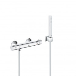 Set de douche Mitigeur thermostatique Grohtherm + Douchette Stick 1 jet, support mural, flexible, Chrome (34558000-CUBESTICK)