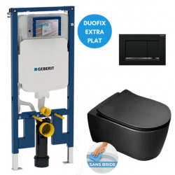 Pack WC Bâti-support extra-plat + WC sans bride Alfa avec fixations invisibles noir mat + Abattant softclose + Plaque noire