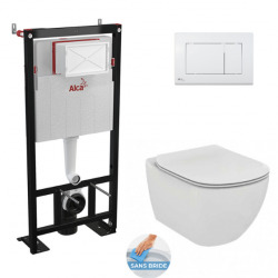 Pack WC Bâti-support autoportant + WC sans bride Tesi avec fixations invisibles + Abattant softclose + Plaque blanche