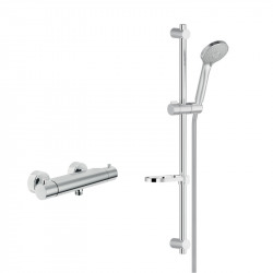 Tago Set Mitigeur thermostatique + Douchette 3 jets + Barre de douche réglable max 66cm + Porte savon amovible, Chrome