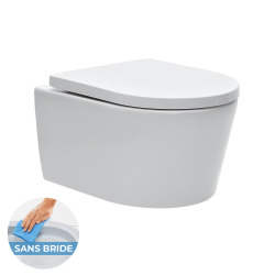 Pack WC Bâti support en verre trempé/aluminium brossé avec plaque intégrée, Blanc + WC sans bride SAT + Abattant softclose