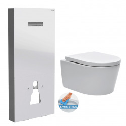 Pack WC Bâti support en verre trempé/aluminium brossé avec plaque intégrée, Blanc + WC sans bride SAT + Abattant softclose