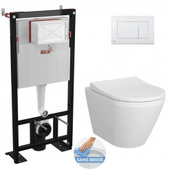 Pack WC Bâti-support autoportant + WC sans bride Integra + Abattant frein de chute + Plaque Blanche (AlcaIntegraRimless-M270)