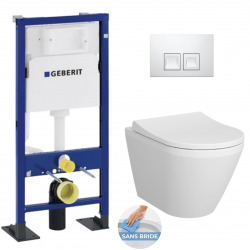 Pack Autoportant Bâti-support Duofix + WC suspendu Cersanit avec Abattant + Plaque blanche (S-LineProGebATP-1)