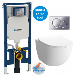 Geberit Pack WC Bâti-support extra-plat + WC Sento sans bride + Abattant softclose + Plaque blanche  (SLIM-Sentorimless-C)