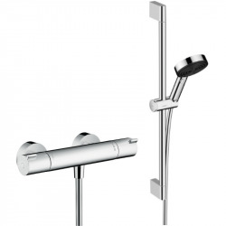 Ecostat Set Mitigeur thermostatique douche  + Douchette à main XXL 105mm 3 jets, flexible douche 125cm, barre 65cm, Chrome