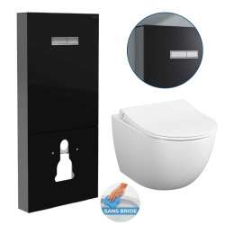 Pack WC Bâti support en verre trempé/aluminium brossé avec plaque intégrée, noir + WC sans bride SAT + Abattant softclose