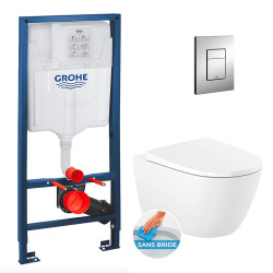 Pack WC Bâti-support Rapid SL + Cuvette suspendue Cersanit S-line + Abattant classique + Plaque Chrome (GROHE-S-LinePro-1)