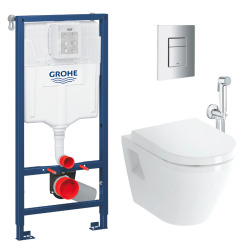 Pack WC Bâti-support Rapid SL + Cuvette suspendue Cersanit S-line + Abattant classique + Plaque Chrome (GROHE-S-LinePro-1)