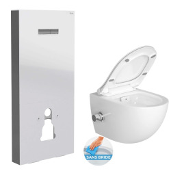 Pack WC Bâti support en verre trempé/aluminium brossé avec plaque intégrée, Blanc + WC sans bride SAT + Abattant softclose