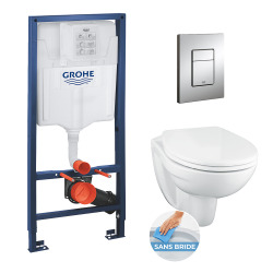 Pack WC Rapid SL + cuvette suspendue sans bride Porcher + plaque Grohe Skate Cosmopolitan chrome (RapidSL-PorcherRimless)