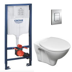 Pack WC Bâti-support Rapid SL + Cuvette suspendue Cersanit S-line + Abattant classique + Plaque Chrome (GROHE-S-LinePro-1)