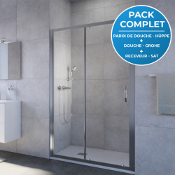 Receveur Satalek 120x80cm, Blanc + Porte de douche 120cm + Set de douche Grohe avec Mitigeur thermostatique, douchette 2 jets