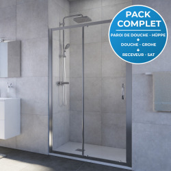 Receveur Satalek 120x80cm, Blanc + Porte de douche 120cm + Set de douche Grohe avec Mitigeur thermostatique, douchette 2 jets