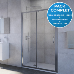 Receveur Satalek 120x80cm, Blanc + Porte de douche 120cm + Set de douche Grohe avec Mitigeur thermostatique, douchette 2 jets