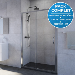 Pack douche Porte coulissante 120cm + Set de douche avec mitigeur Hanshrohe + Receveur Satalek 120x80cm, Noir