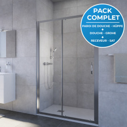 Receveur Satalek 120x80cm, Blanc + Porte de douche 120cm + Set de douche Grohe avec Mitigeur thermostatique, douchette 2 jets