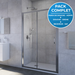 Receveur Satalek 120x80cm, Blanc + Porte de douche 120cm + Set de douche Grohe avec Mitigeur thermostatique, douchette 2 jets