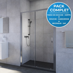 Pack douche Porte coulissante 120cm + Set de douche avec mitigeur Hanshrohe + Receveur Satalek 120x80cm, Noir