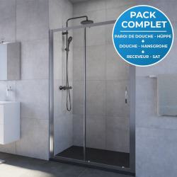 Pack douche Porte coulissante 120cm + Set de douche avec mitigeur Hanshrohe + Receveur Satalek 120x80cm, Noir