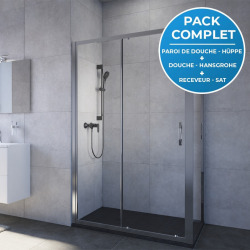 Pack douche Porte coulissante 120cm + Set de douche avec mitigeur Hanshrohe + Receveur Satalek 120x80cm, Noir