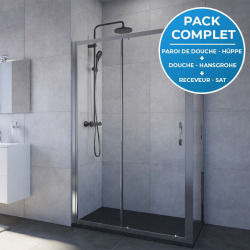 Pack douche Porte coulissante 120cm + Set de douche avec mitigeur Hanshrohe + Receveur Satalek 120x80cm, Noir