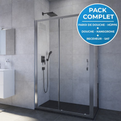 Pack douche Porte coulissante 120cm + Set de douche avec mitigeur Hanshrohe + Receveur Satalek 120x80cm, Noir