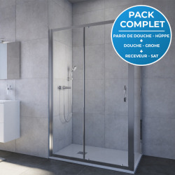 Receveur Satalek 120x80cm, Blanc + Porte de douche 120cm + Set de douche Grohe avec Mitigeur thermostatique, douchette 2 jets