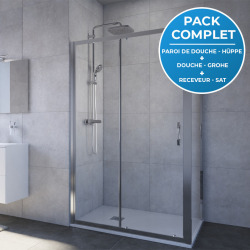 Receveur Satalek 120x80cm, Blanc + Porte de douche 120cm + Set de douche Grohe avec Mitigeur thermostatique, douchette 2 jets