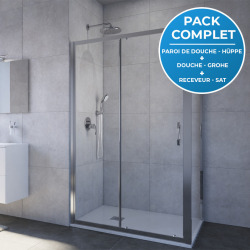 Receveur Satalek 120x80cm, Blanc + Porte de douche 120cm + Set de douche Grohe avec Mitigeur thermostatique, douchette 2 jets