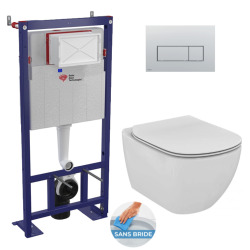 Set complet bati support autoportant + WC Ideal Standard Tesi Aquablade sans bride + plaque chrome mat (AlcaTesi-5)