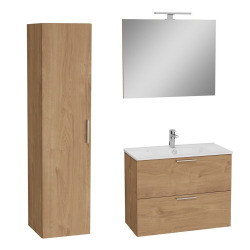 Set Mia Meuble 79x61x39,5 cm pour salle de bain avec miroir, lavabo et éclairage LED + armoire 145x35x35 cm, Chêne