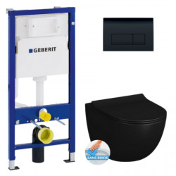 Pack WC Bâti-support Duofix + WC sans bride Vitra SENTO noir mat + Abattant frein de chute + Plaque noire (BlackSentoGeb-7)