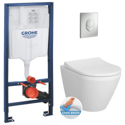 Pack WC Bâti-support Rapid SL + Cuvette suspendue Cersanit S-line + Abattant classique + Plaque Chrome (GROHE-S-LinePro-1)