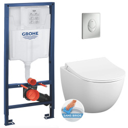 Pack WC Bâti-support Rapid SL + Cuvette suspendue Cersanit S-line + Abattant classique + Plaque Chrome (GROHE-S-LinePro-1)